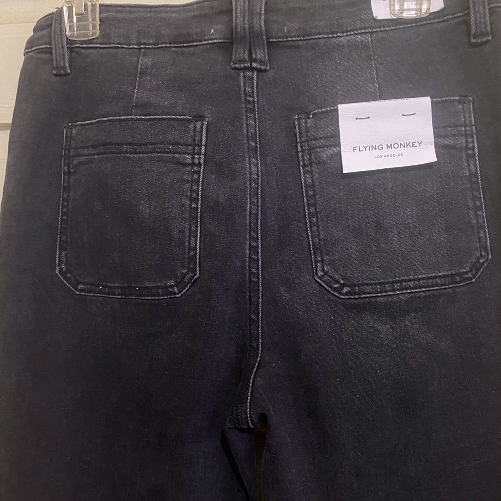 NWT Flying Monkey Black High Rise Flare Stretch Jean SZ 30 Patch Pockets Retro - Picture 8 of 13